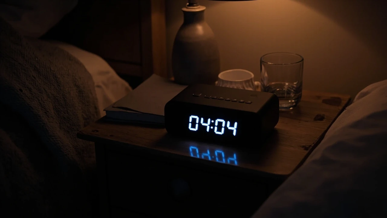 04.04 Uhr Bedeutung – Digitalwecker zeigt die Zeit 04:04 auf einem Nachttisch
