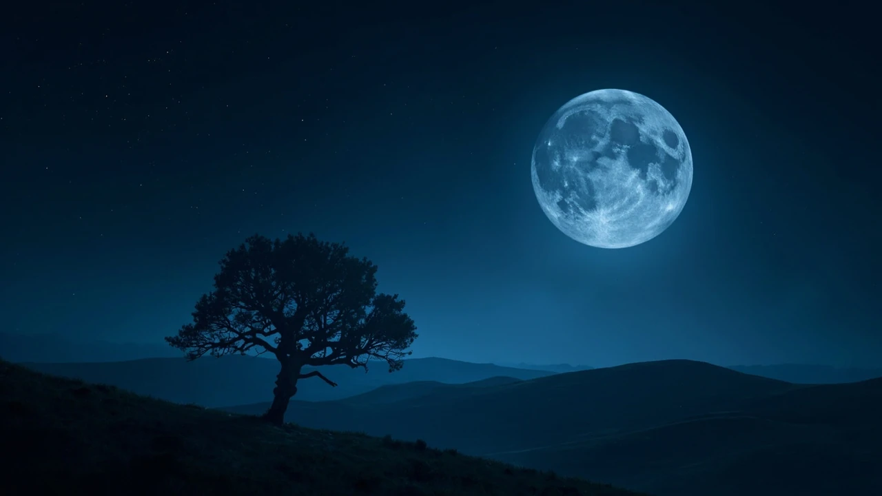 Mondkalender Vollmond mit leuchtendem Vollmond über einer ruhenden Landschaft
