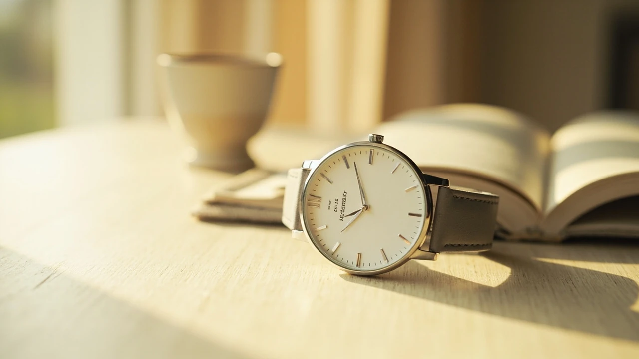 Analoge Armbanduhr mit der Uhrzeit 13:13 auf dem Zifferblatt, weiches Tageslicht
